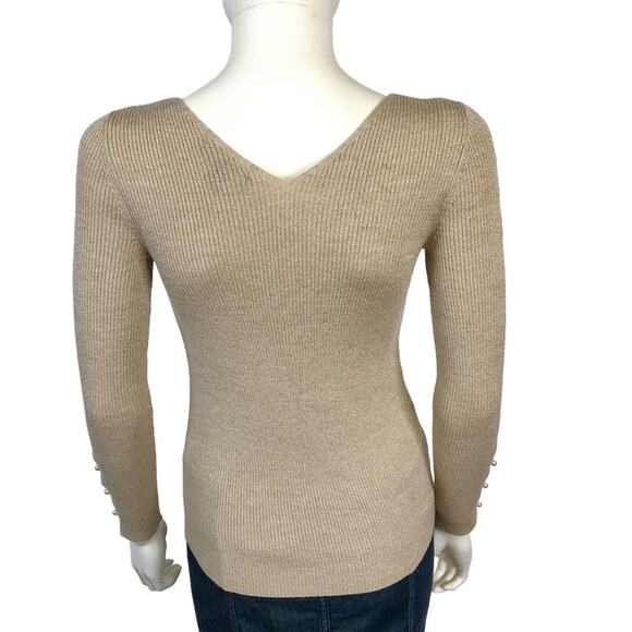 Ann Taylor Gold & Beige Knit Sweater Shimmer Pearl Buttons V-neck - Picture 5 of 7